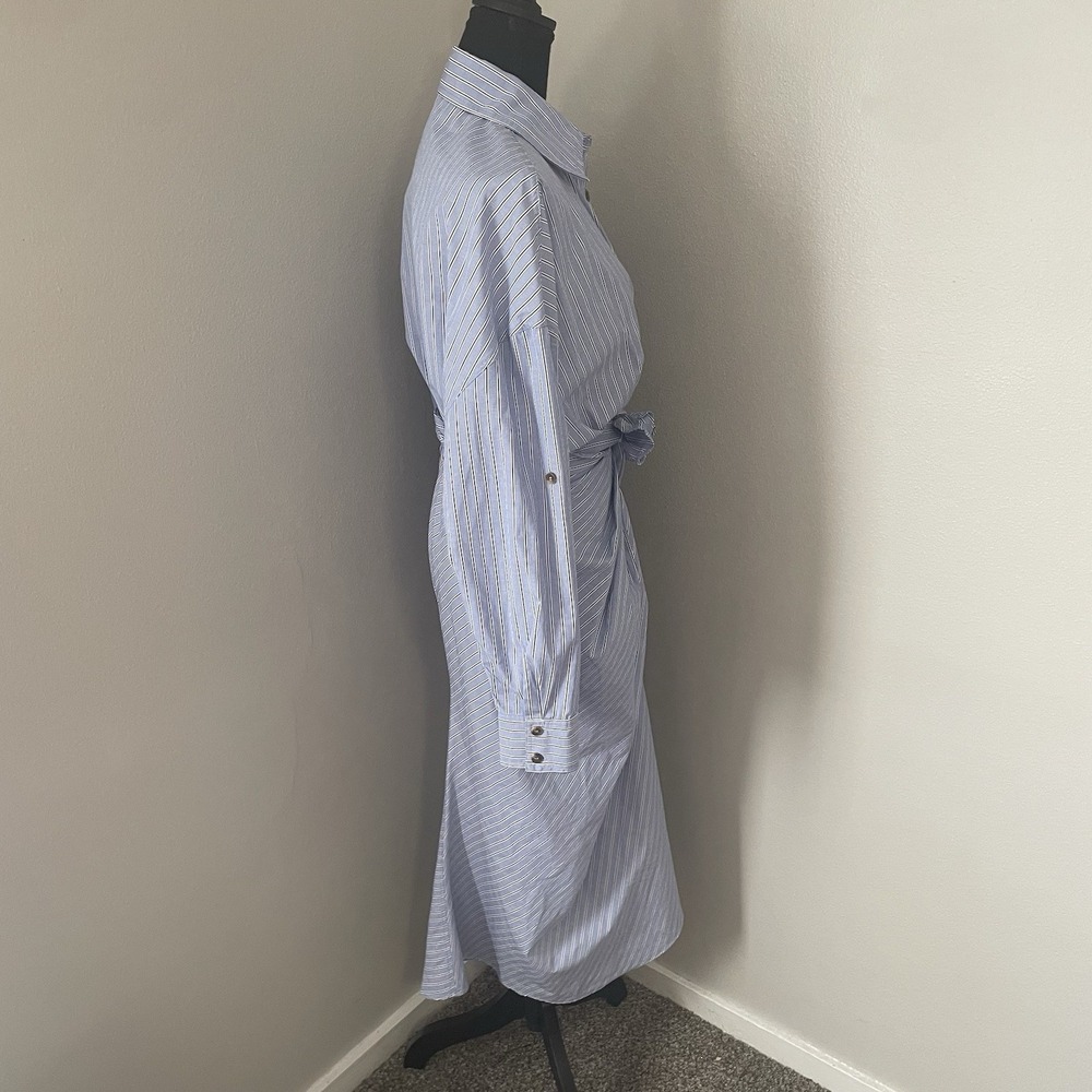 MABLE Sz M Blue/Multi Striped Midi Shirt Dress Front Tie Long Sleeve Coastal - Picture 10 of 15
